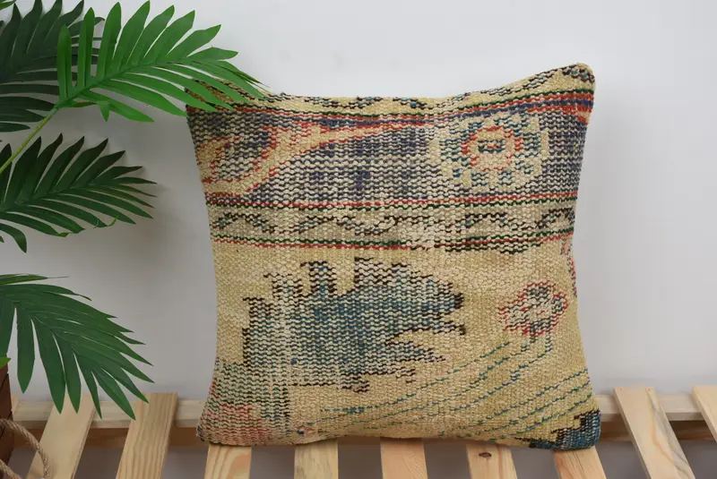 Vintage Kilim Throw Pillow, Handmade Kilim Cushion, Nautical Throw Cushion, Cushion, Kilim Pillow Cover, 16x16 Blue Cushion Cover - 1