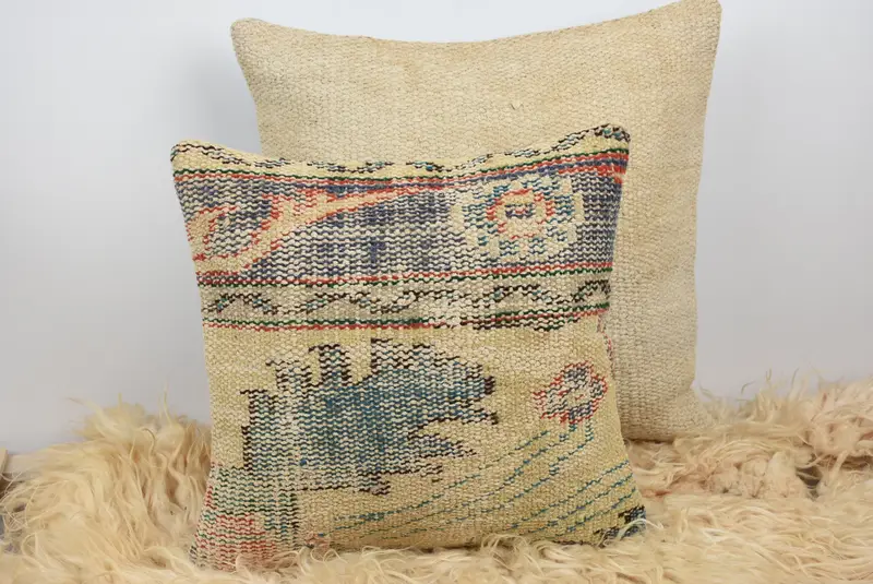 Vintage Kilim Throw Pillow, Handmade Kilim Cushion, Nautical Throw Cushion, Cushion, Kilim Pillow Cover, 16x16 Blue Cushion Cover - 6