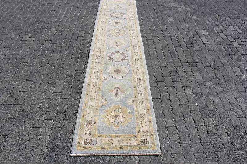 2.8x13.2 ft Turkish Runner Rug, Blue Brown Vintage Polka dot Wool Rug - 1