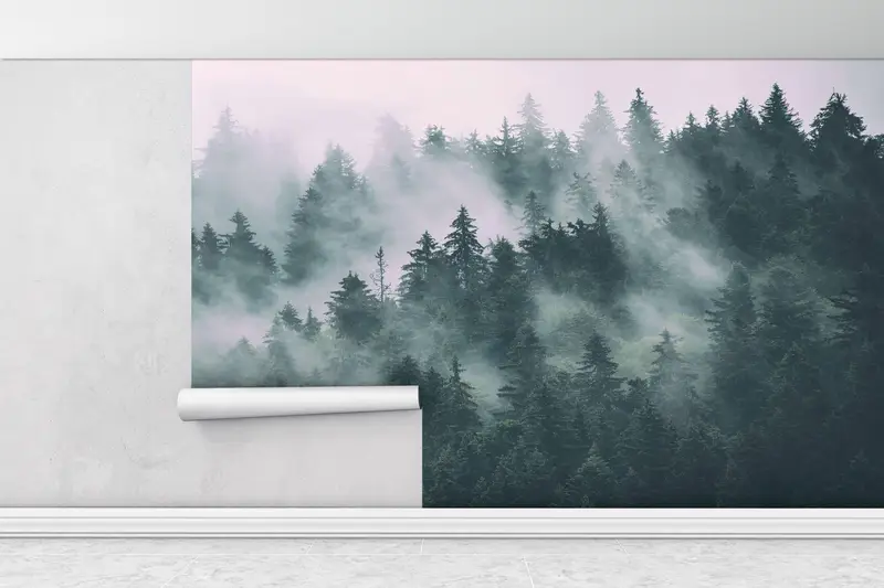 View Wall Art, Nature Landscape Wallpaper, Misty Mountain Wall Paper, Misty Forest Mural, Forest Wallpaper, Forest Landscape Wall Mural, - 1