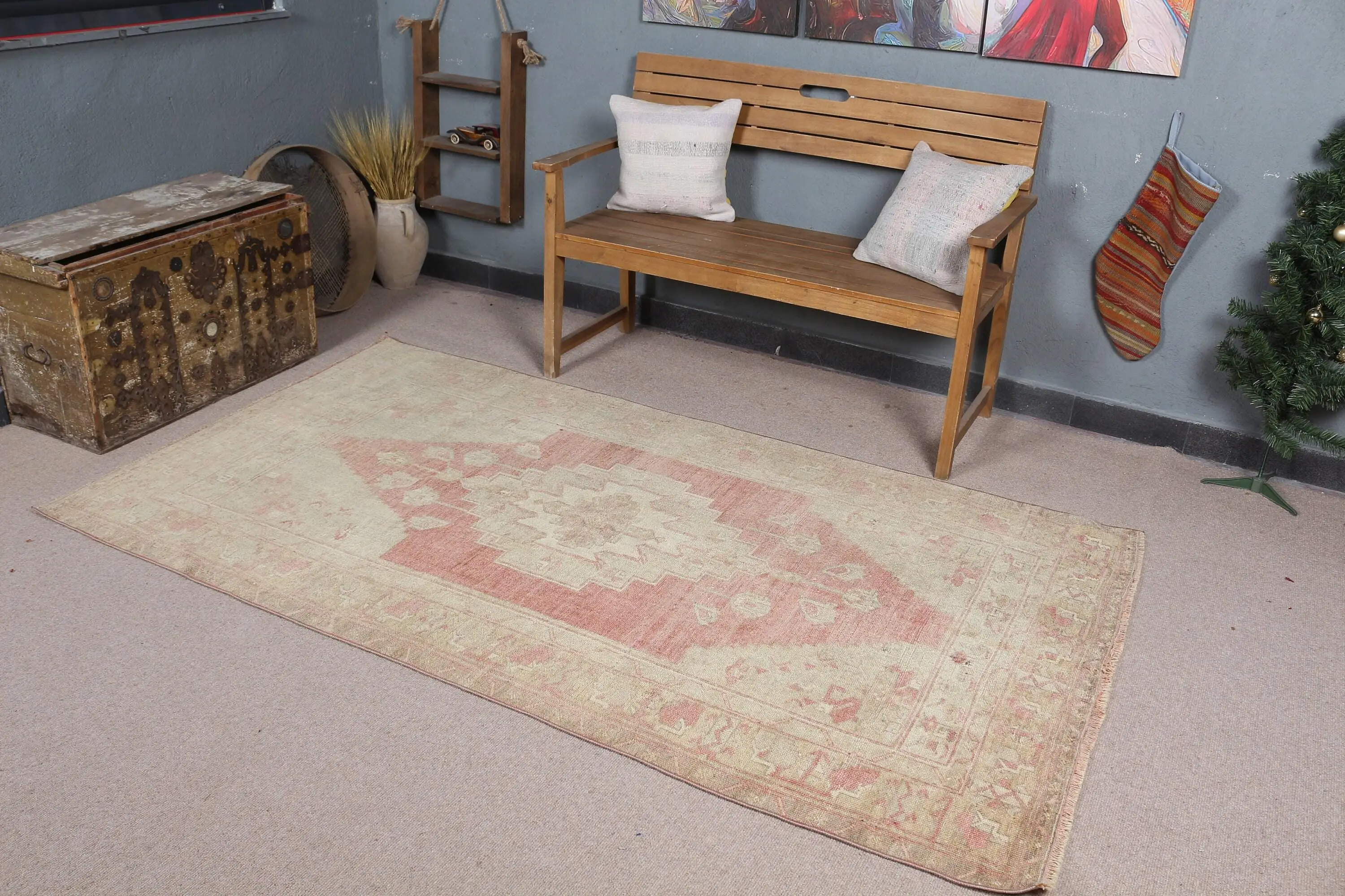 4.1x7.5 ft Vintage Türk Halısı, Alan Halısı, Kırmızı Beyaz Bordürlü Yün Halı - 1