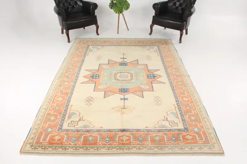 Türk 6.7x9.3 ft Halı, Büyük Vintage Halı, Turuncu Katı Yün Halı - 1