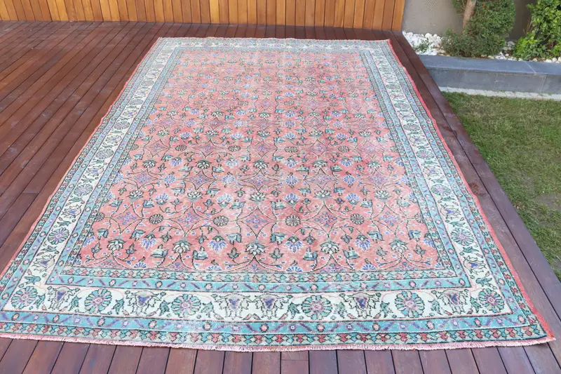 Alfombra vintage de 6,8x10,3 pies, alfombra turca de gran tamaño, alfombra de lana patchwork roja - 1
