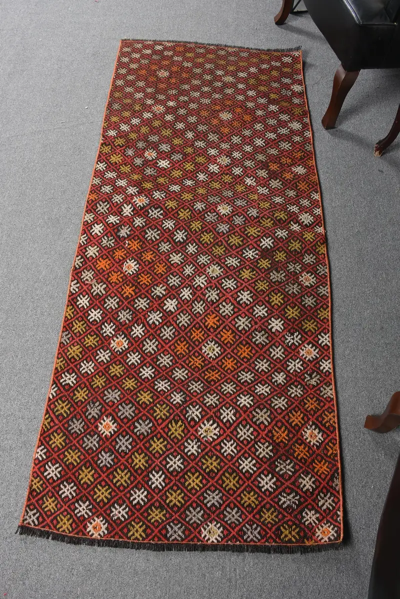 レッド幾何学模様のラグ、2.6x6.4フィート、花柄モチーフ