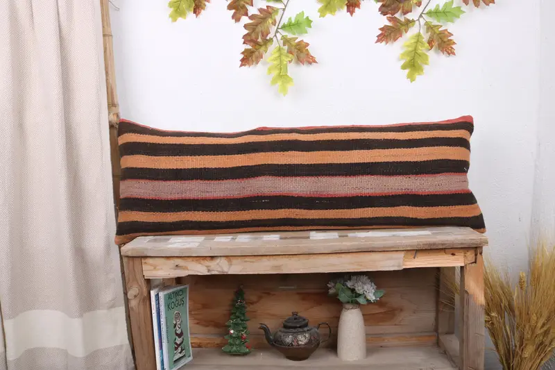 Rustic Cushion, Pillow for Couch, Kilim Pillow Cover, Handmade Kilim Cushion, Pillow Cover, Nomadic Pillow Sham, 12x36 Orange Cushion Cover - 1