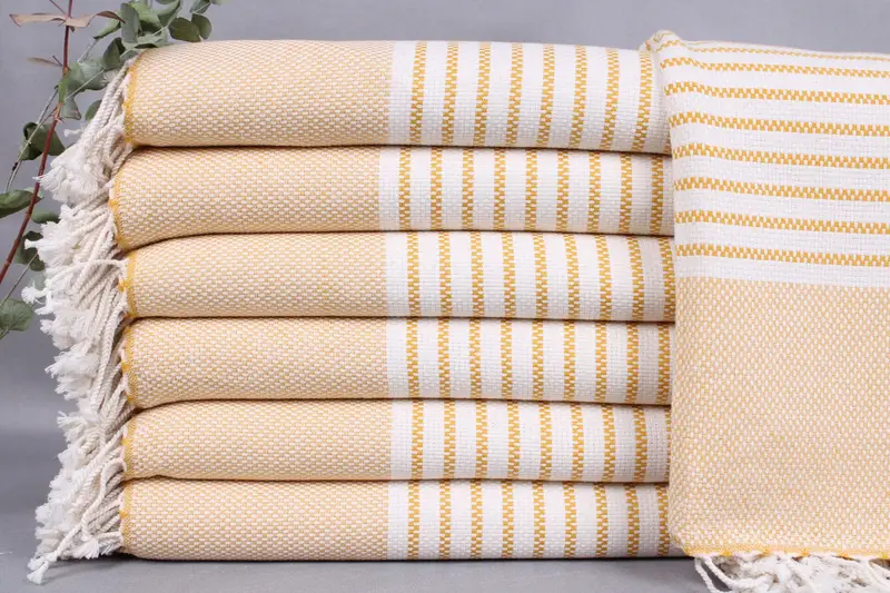 Personalized Turkish Cotton Beach Towel Mustard-Natural Stripes, 40x75 Inches