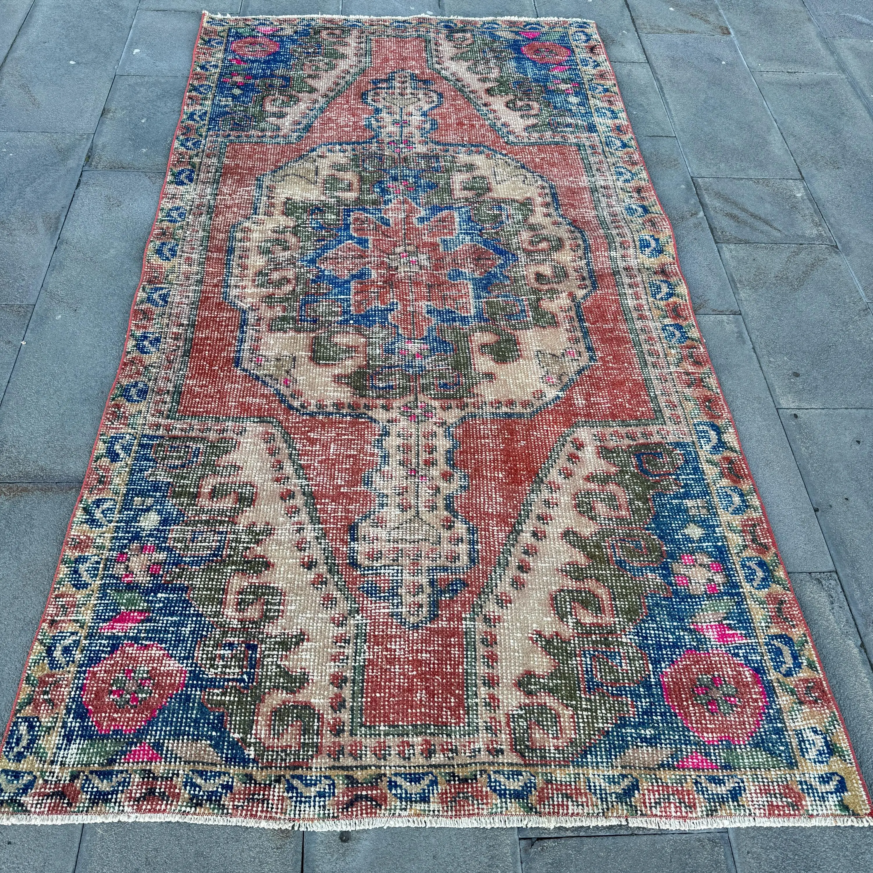 3,9x7,3 ft großer Vintage-Teppich, türkischer Teppich, rot-blauer Ombré-Wollteppich - 1
