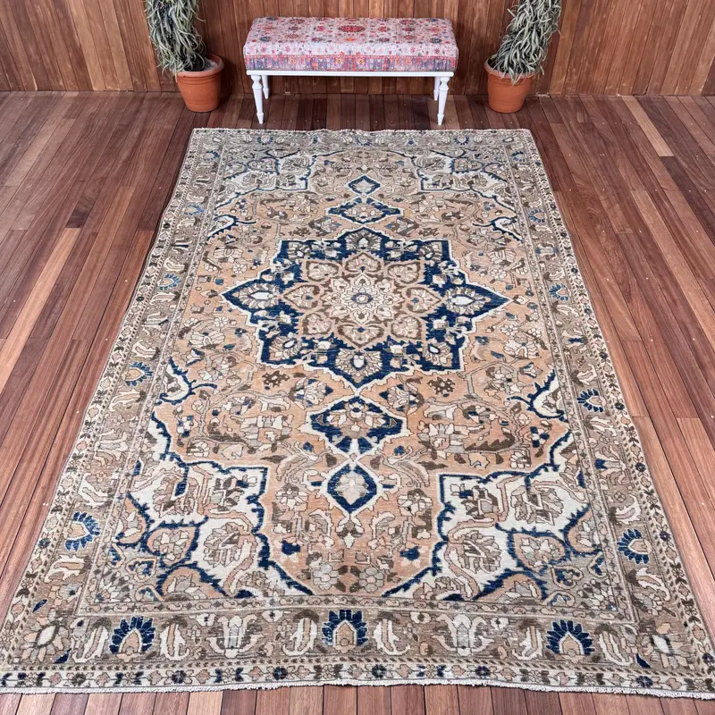 Turkish Rug, Oversize 6.8x10.4 ft Rug, Oushak Blue Floral Rug - 1
