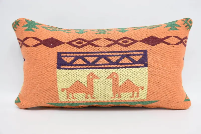 Orange Throw Antique Pillowcase, Geometric Wool Bench Pillow - 1