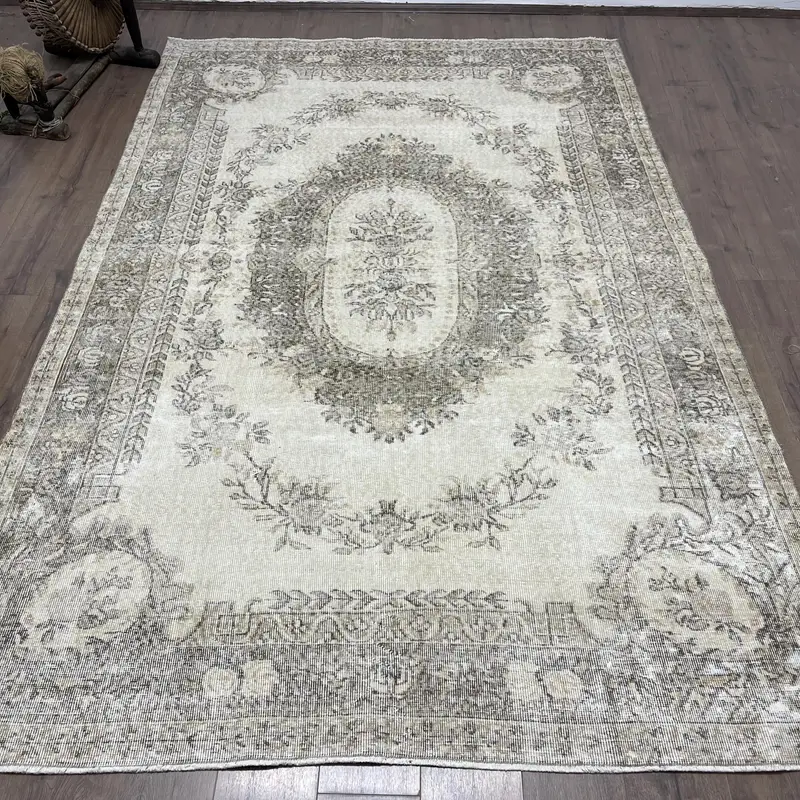 6.46x9.8 ft Rug, Large Turkish Rug, Gray Oushak Floral Rug - 1
