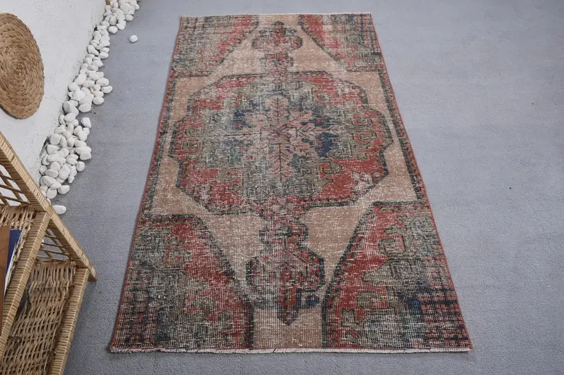 Alfombra Hecha a Mano de 0,3x5,1 ft en Rojo y Azul, Diseño Floral y Geométrico