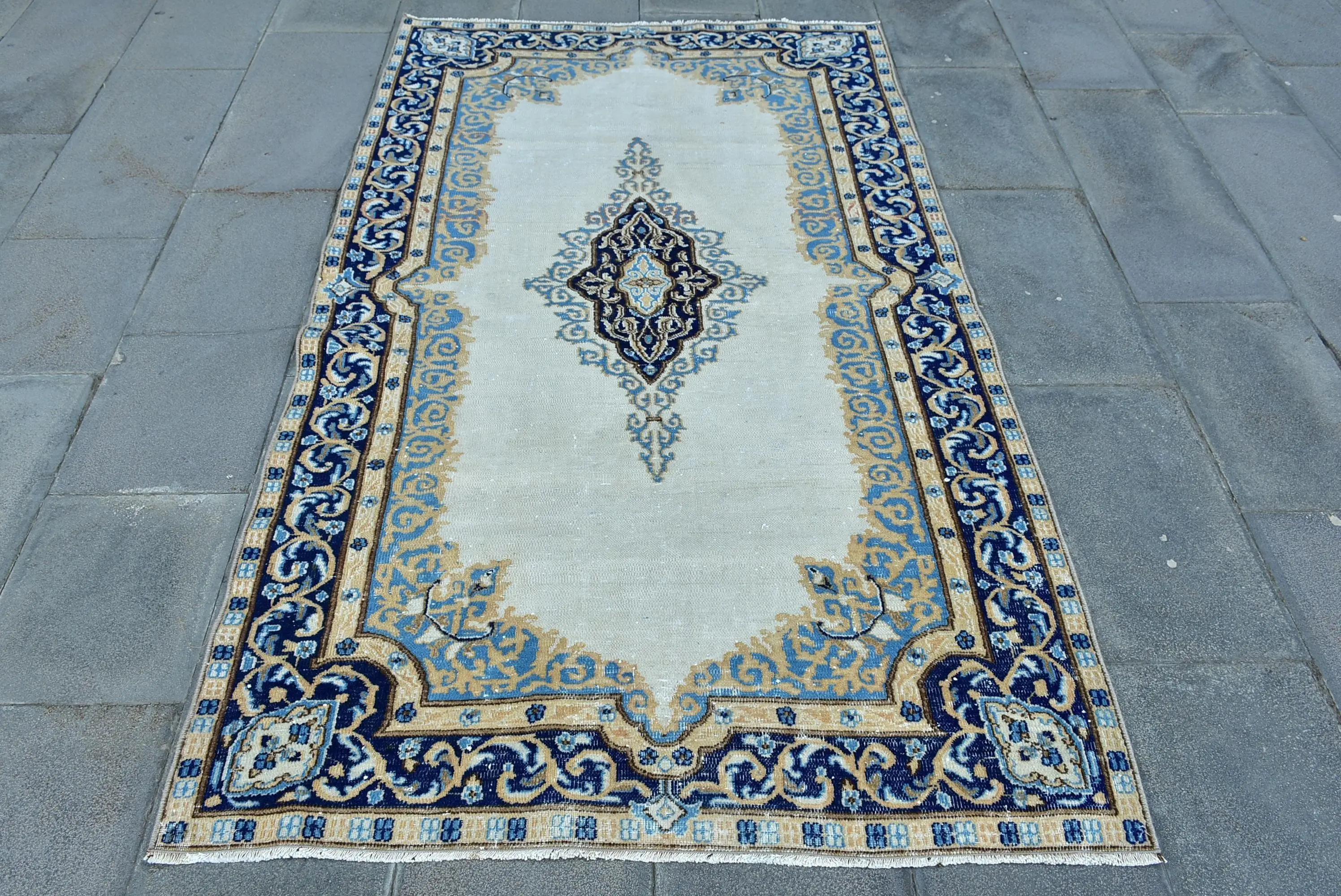 Turkish Vintage Area Rug 4x6.8 ft, Blue White Wool Rug - 1