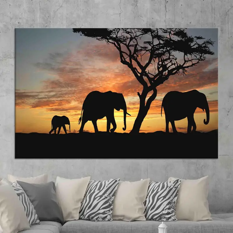 Elegant Elephant Safari Canvas: Sunset African Landscape Art