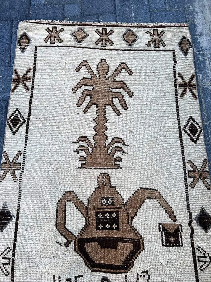 Vintage Turkish Rug, 2.8x11.2 ft Herki Rug, White Runner Solid Rug - 1