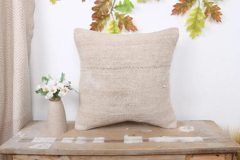 Comfy Throw Pillow Sham, Pillow for Sofa, 16x16 Beige Cushion Cover, Gift Pillow, Pillow Case, Handmade Kilim Cushion - 1