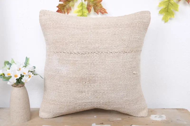 Comfy Throw Pillow Sham, Pillow for Sofa, 16x16 Beige Cushion Cover, Gift Pillow, Pillow Case, Handmade Kilim Cushion - 2