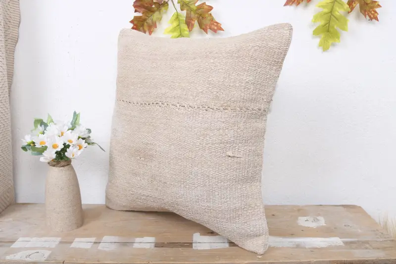 Comfy Throw Pillow Sham, Pillow for Sofa, 16x16 Beige Cushion Cover, Gift Pillow, Pillow Case, Handmade Kilim Cushion - 4
