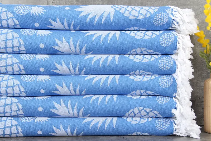 Turkish Beach Towel Pineapple Patterned Sax Blue, 40x71 Inches