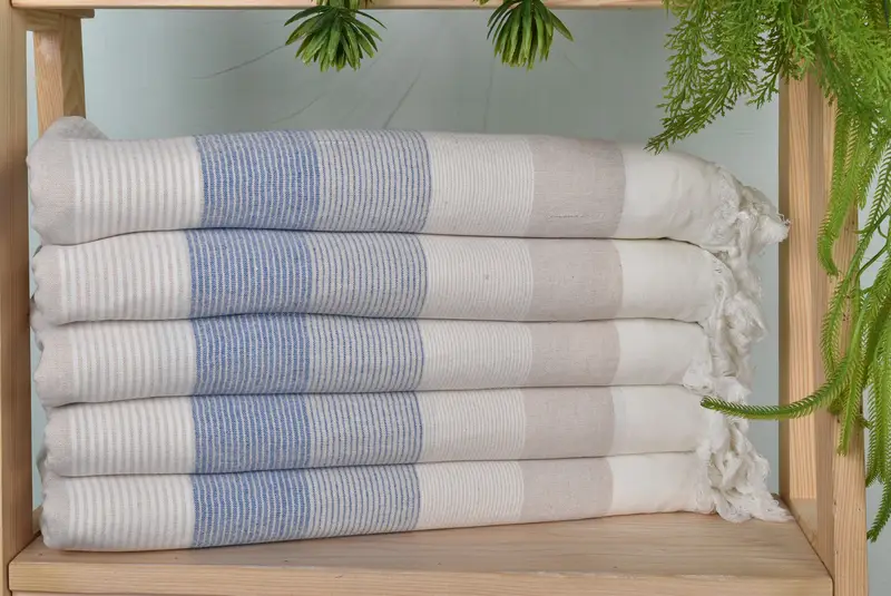 Beach Towel Striped Turkish Cotton Blue, Beige, Organic, 40x67 Inches