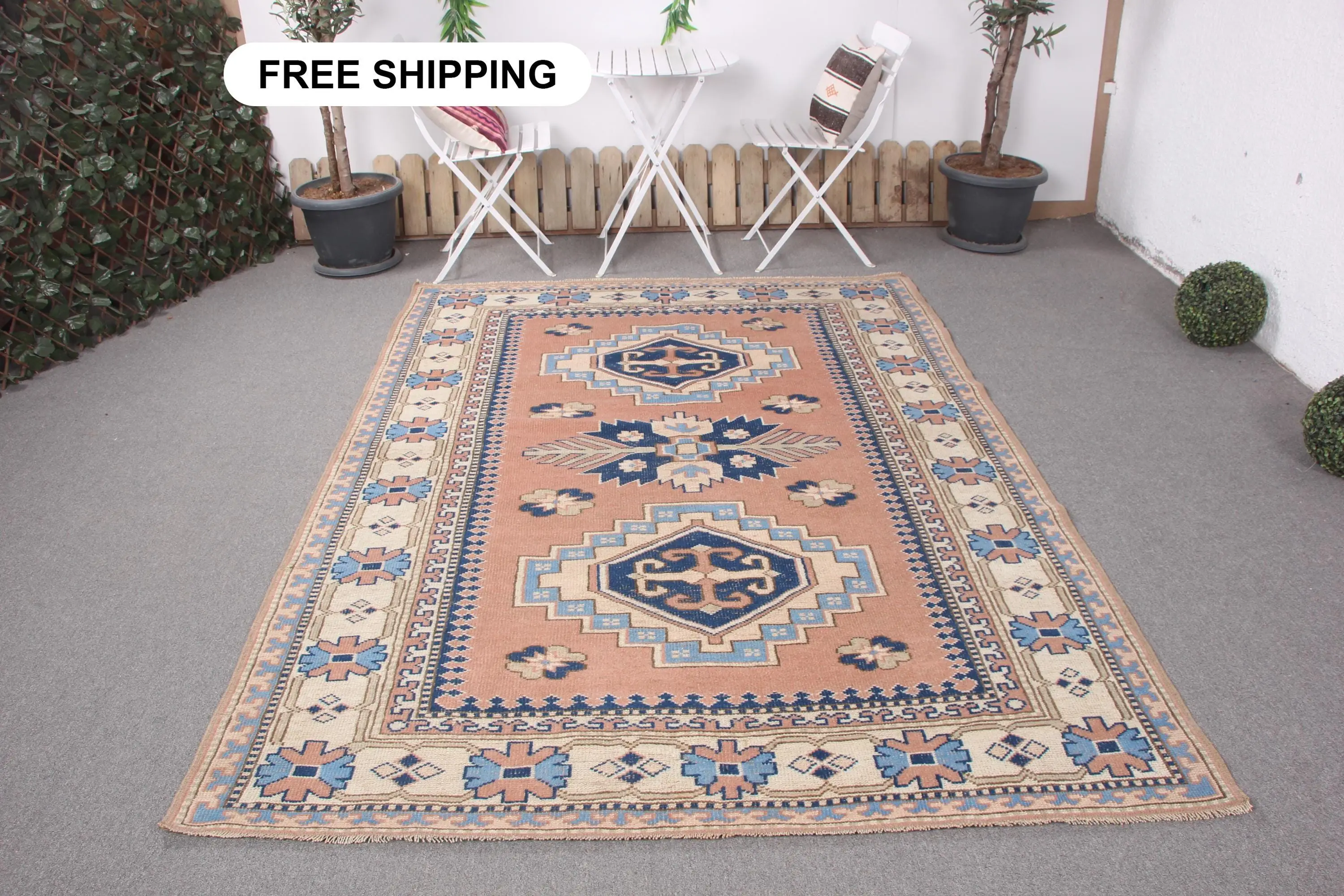 Türk Vintage Halısı 5,8x9 ft (176x274 cm), Mavi Kareli Halı - 1