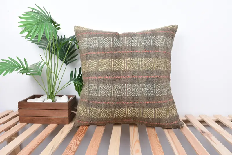 24x24 Yellow Pillow Case, Vintage Cushion Cover, Pillow, Handmade Kilim Cushion, Throw Kilim Pillow, Seat Cushion, Kilim Pillow Cover - 1