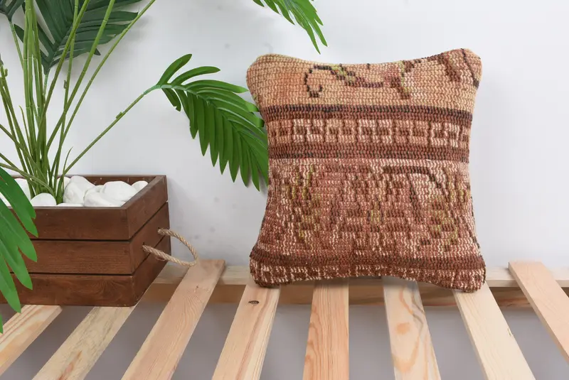 Pillow Case, Bench Cushion Cover, Boho Pillow, Anatolian Cushion, Vintage Kilim Throw Pillow, 12x12 Red Pillow Sham, Handmade Kilim Cushion - 1