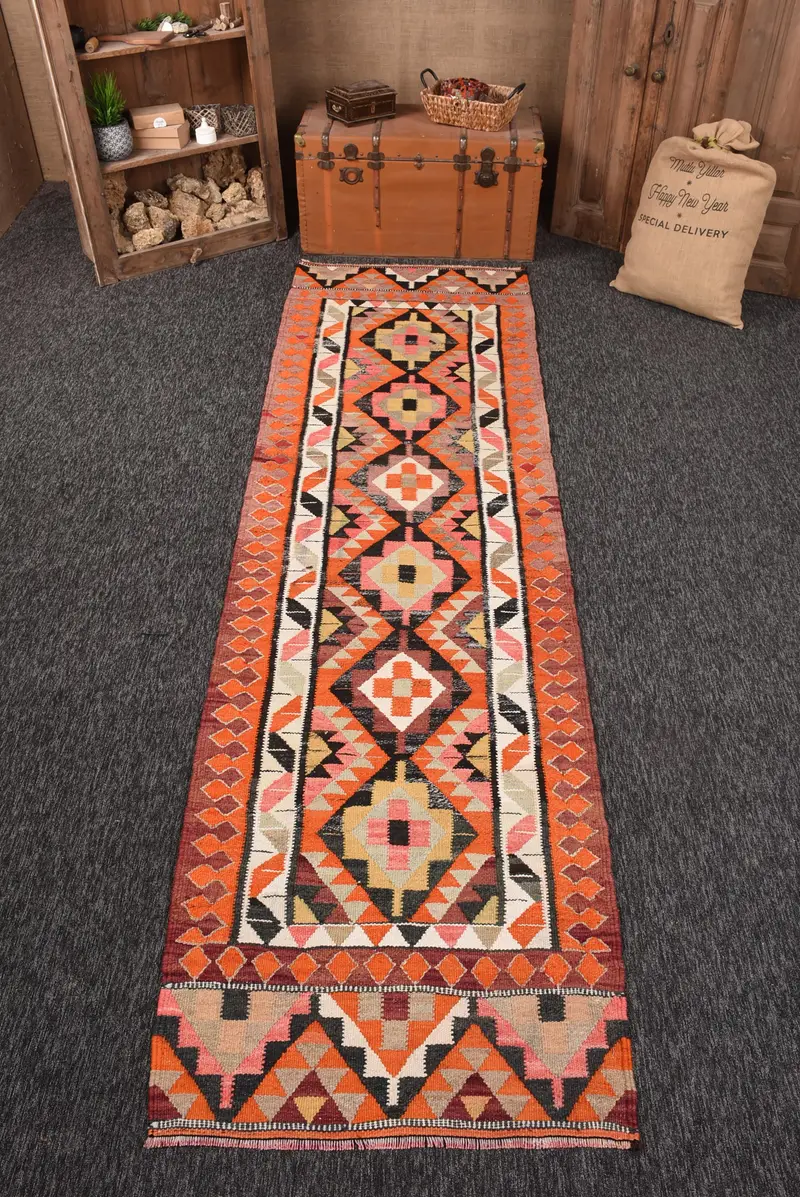 Vintage Halı, 3.1x11.4 ft Runner Halı, Turuncu Fas Yün Türk Halısı - 1