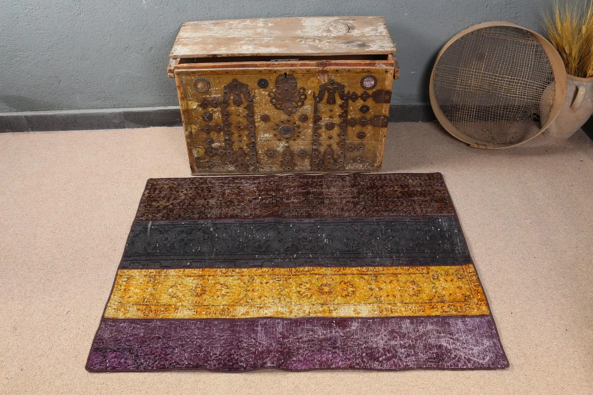 Turkish 3x4 ft Rug, Small Vintage Rug, Purple Yellow Oriental Wool Rug - 1
