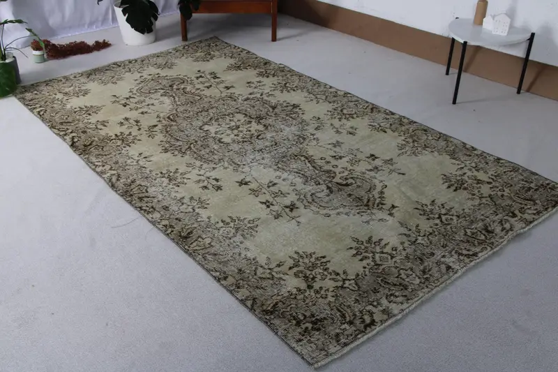 Vintage Large Rug 4.9x8.7 ft, Brown Solid Turkish Wool Rug