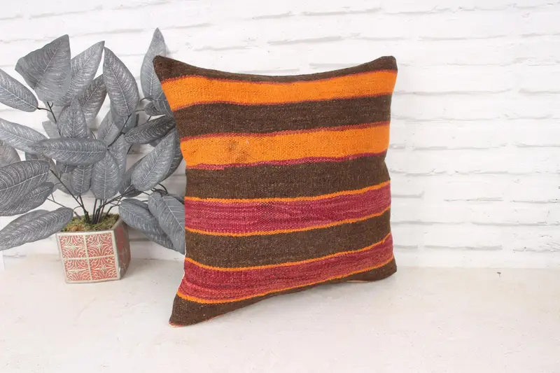 18x18 Orange Pillow Cover, Throw Kilim Pillow, Kilim Pillow, Cushion, Decorative Pillow Cover, Kilim Cushion Sham, Decorative Bolster Pillow - 3