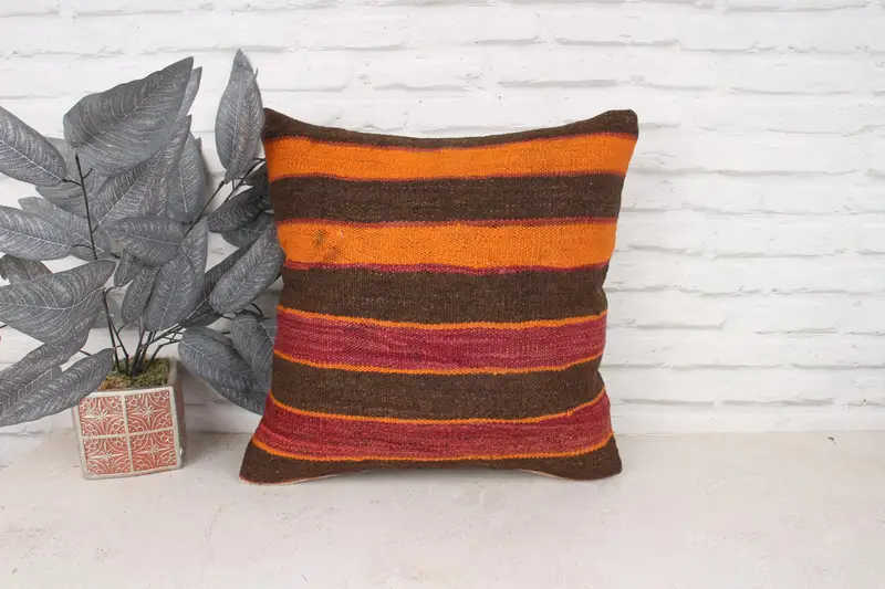 18x18 Orange Pillow Cover, Throw Kilim Pillow, Kilim Pillow, Cushion, Decorative Pillow Cover, Kilim Cushion Sham, Decorative Bolster Pillow - 1