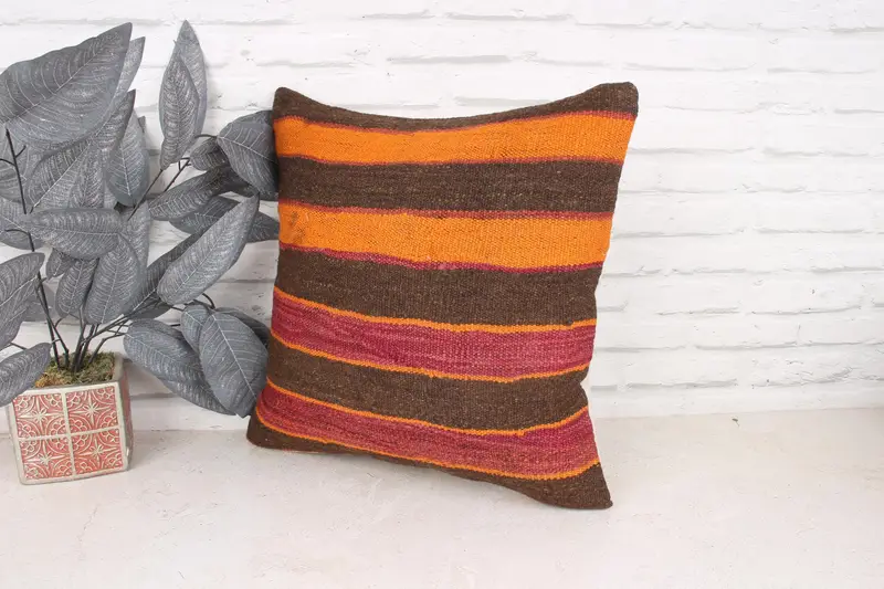 18x18 Orange Pillow Cover, Throw Kilim Pillow, Kilim Pillow, Cushion, Decorative Pillow Cover, Kilim Cushion Sham, Decorative Bolster Pillow - 4