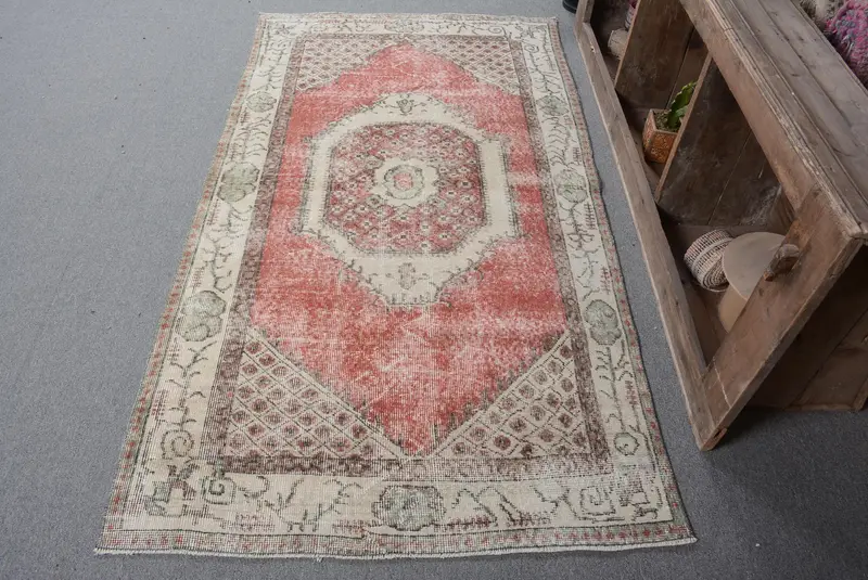 3.7x6.8 ft Halı, Vintage Türk Halısı, Kırmızı Yün Halı - 1