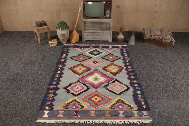 Vintage 5.1x7.6 ft Halı, Türk Alan Halısı, Mavi Düz Halı - 1