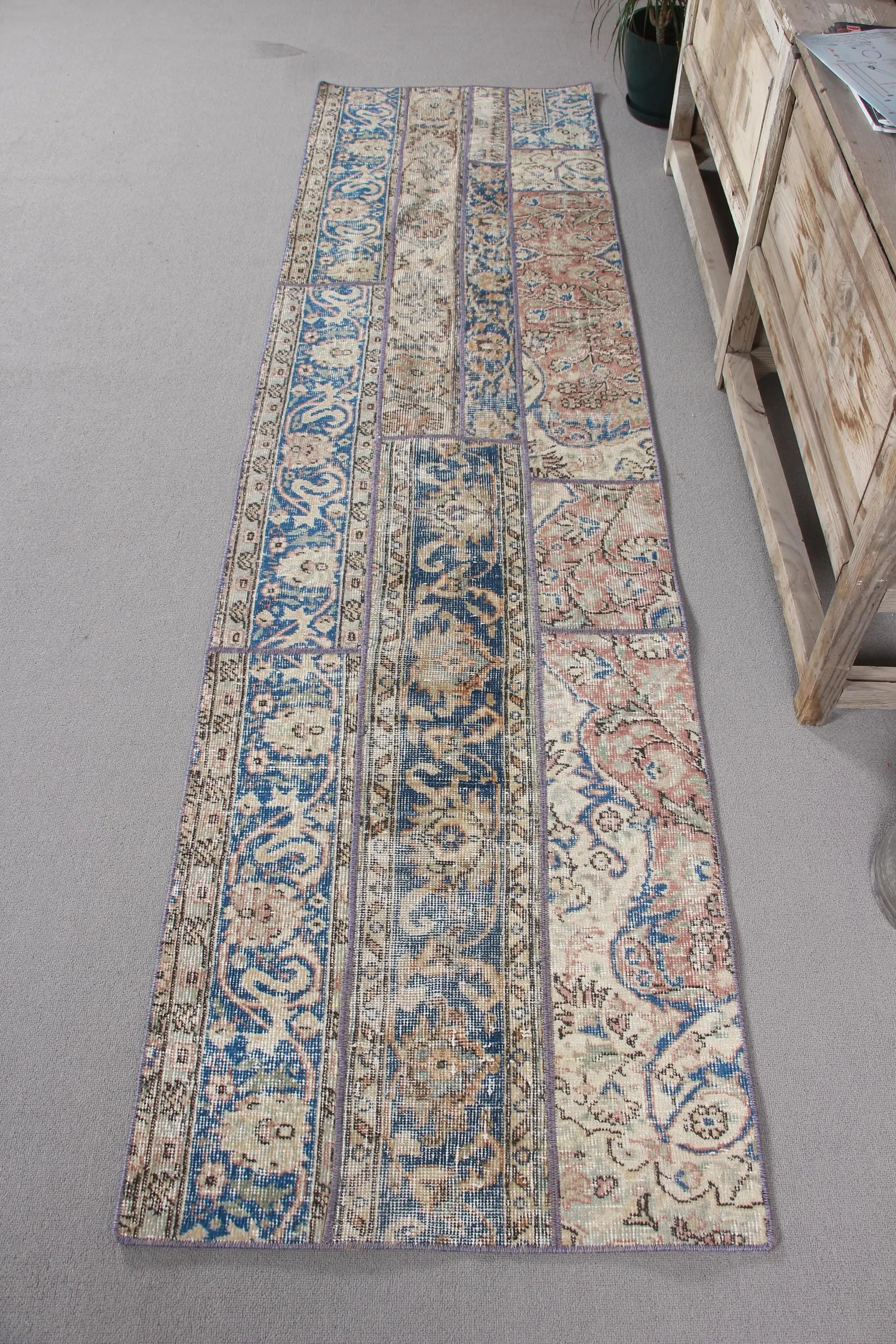 2.4x8.8 ft Turkish Vintage Rug, Runner Rug, Blue Bordered Rug - 1
