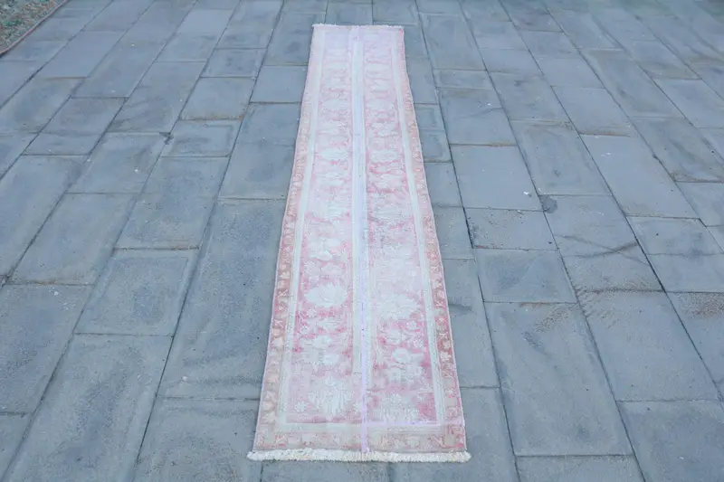 1.7x9.4 ft Turkish Runner Rug, Vintage Pink Floral Rug - 1