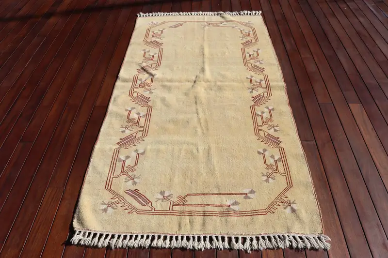Vintage 3.7x6.7 ft Rug, Area Turkish Rug, Yellow Red Striped Rug - 1