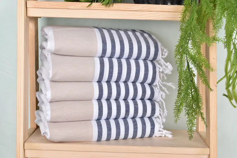 Personalized Striped Beige-Navy Blue Cotton Towel, 70x40 Inches