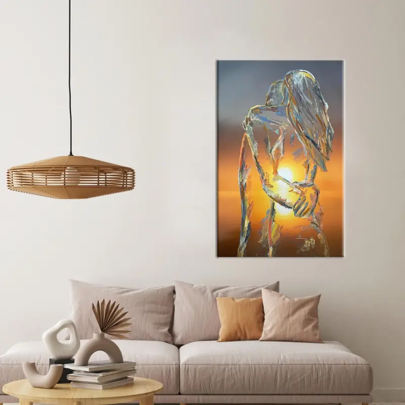 エレガントな夕日の恋人キャンバス: 抽象的なカップルアートプリント