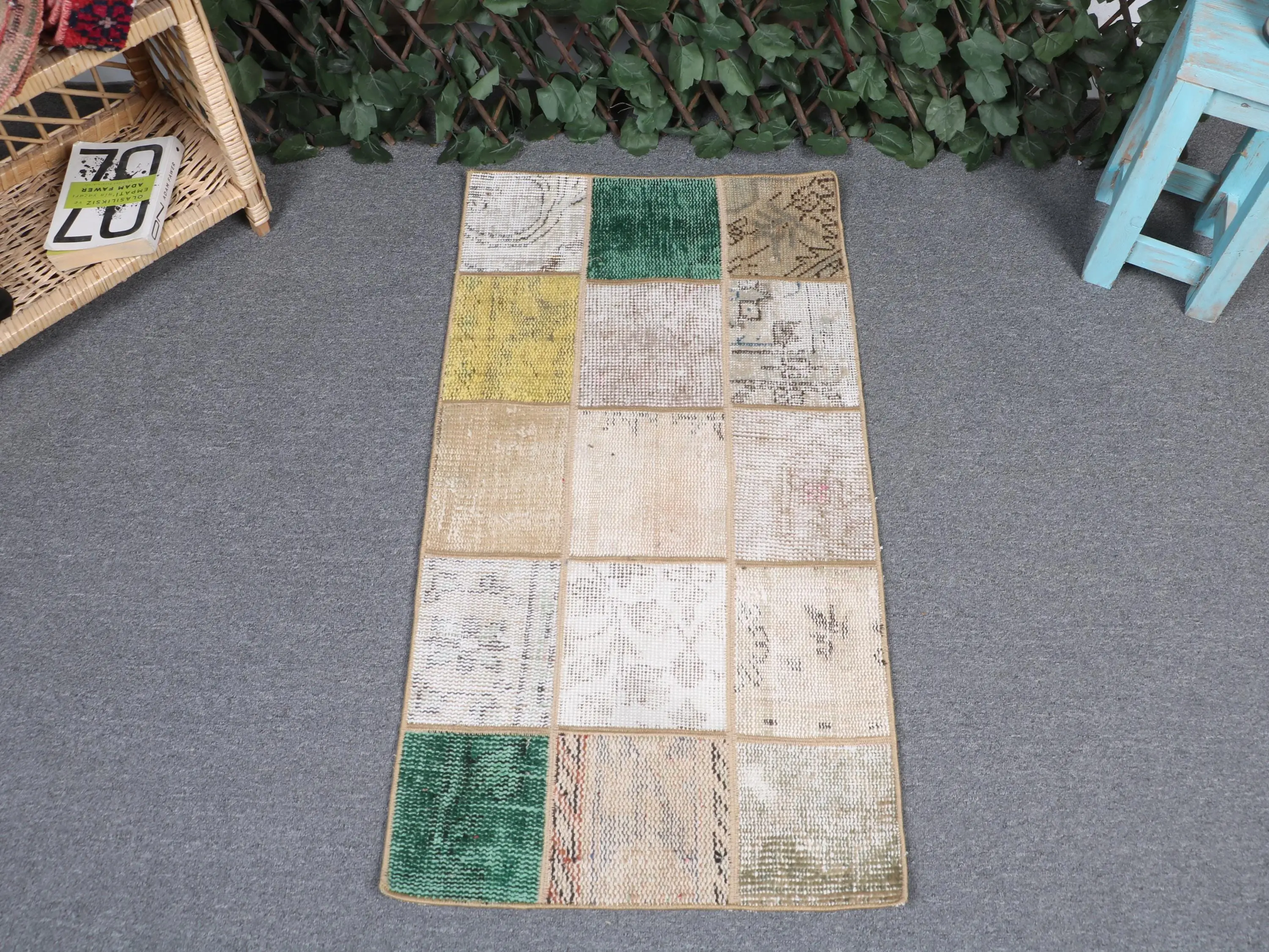 Vintage Small Rug 1.7x3.3 ft (53x100 cm), Turkish Green Wool Rug - 1