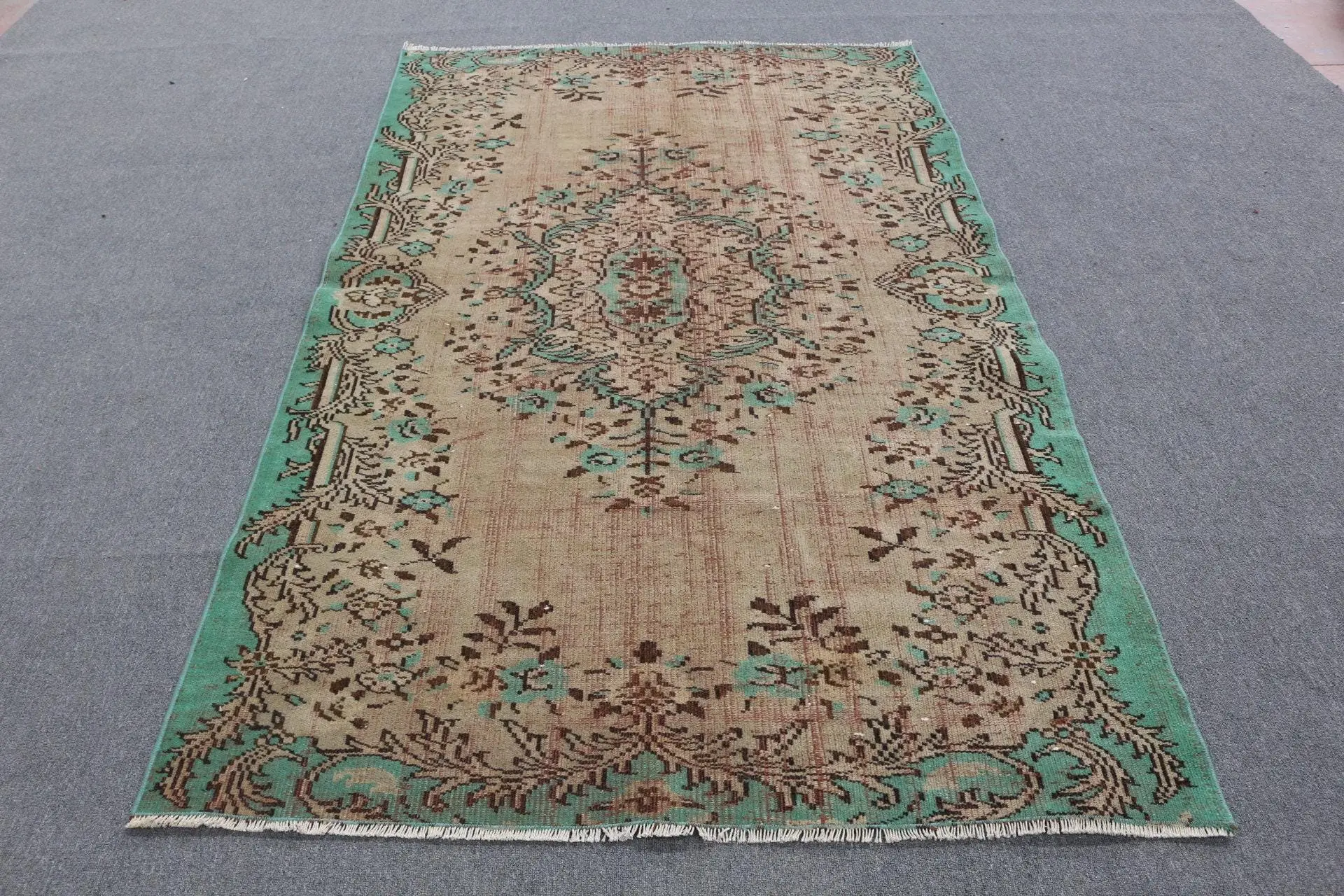 Turkish Rug, 4.9x7.9 ft Area Vintage Rug, Green Brown Southwestern Rug - 1