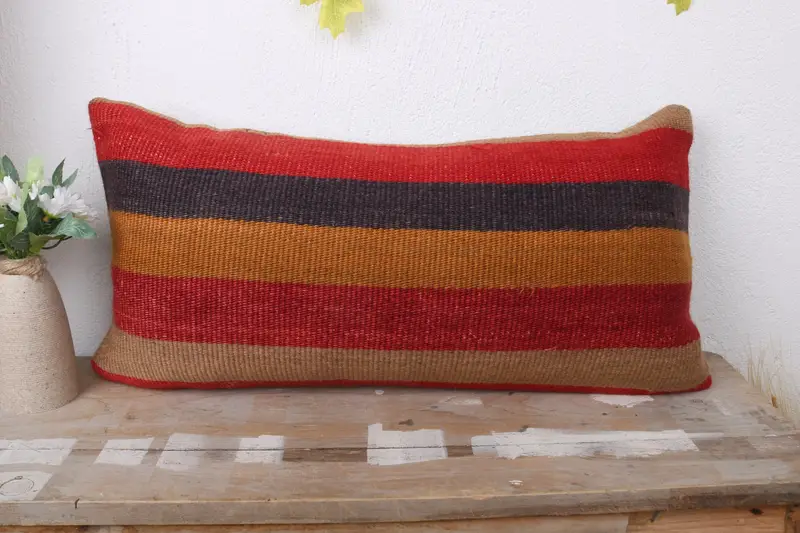 Boho Pillow Sham Cover, 12x24 Red Cushion Case, Ethnical Kilim Rug Pillow, Interior Designer Pillow, Custom Cushion Case, Pillow Case - 2
