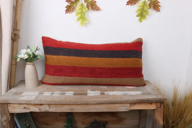 Boho Pillow Sham Cover, 12x24 Red Cushion Case, Ethnical Kilim Rug Pillow, Interior Designer Pillow, Custom Cushion Case, Pillow Case - 1