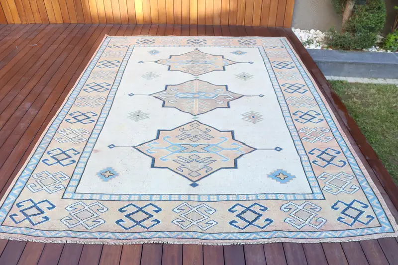 Türk Vintage Oushak Halı 6.7x8.5 ft (203x259 cm), Mavi Bitkiler ve ağaçlar Yün Halı - 1
