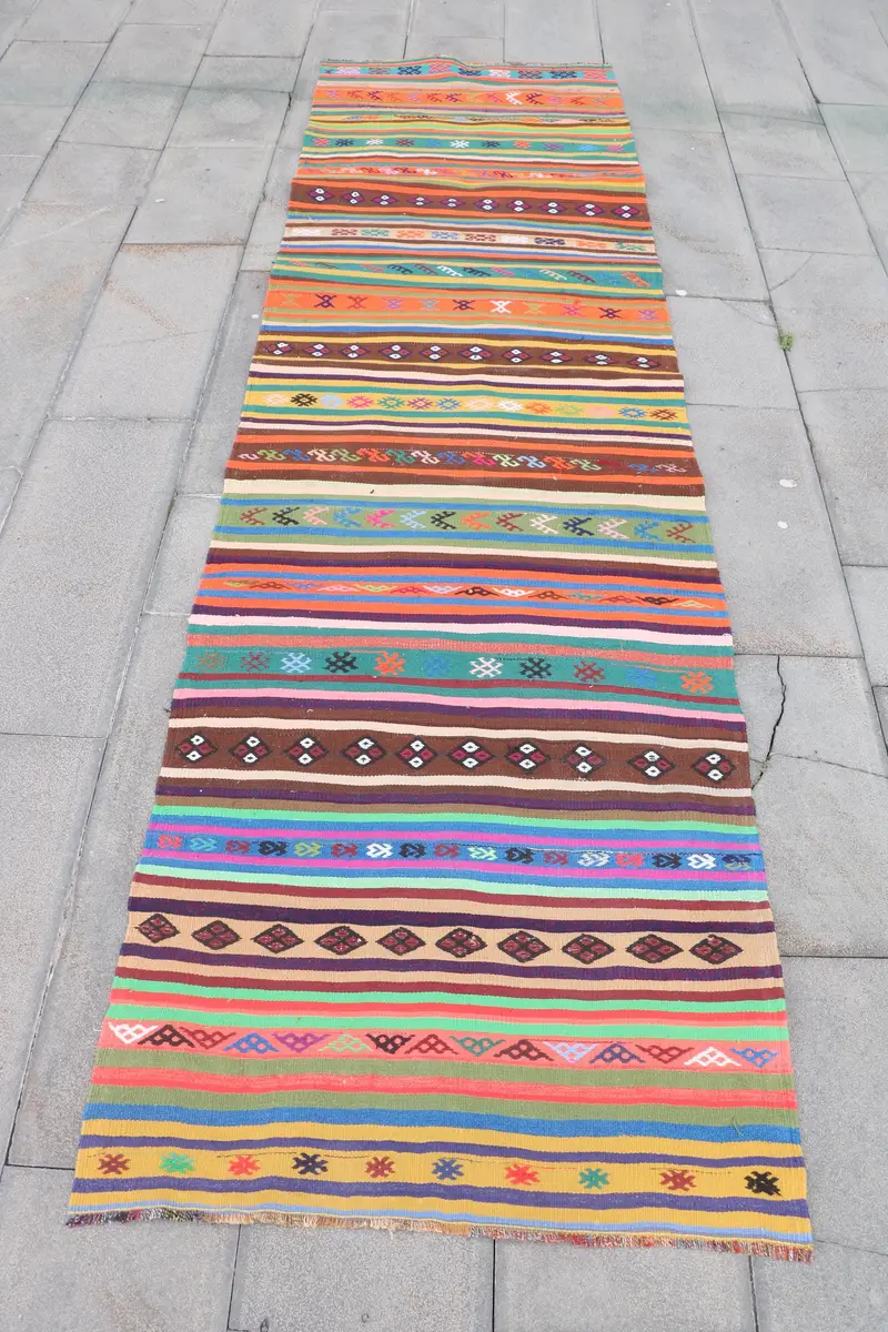 Gökkuşağı Halı, 2,9x10 ft Canlı Düz ​​Desen