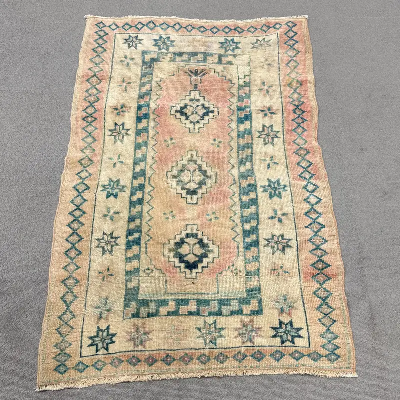 Vintage Turkish Small Rug 2.6x3.9 ft, Oushak Blue Wool Rug - 1