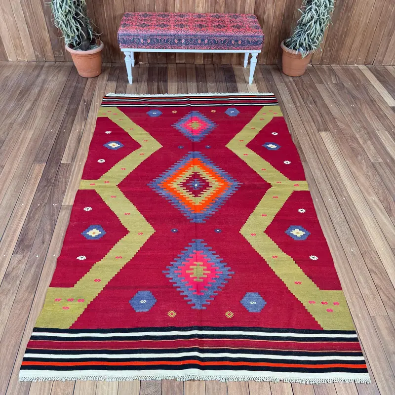 Vintage Area Rug 5x7.8 ft, Turkish Oushak Red Striped Wool Rug - 1