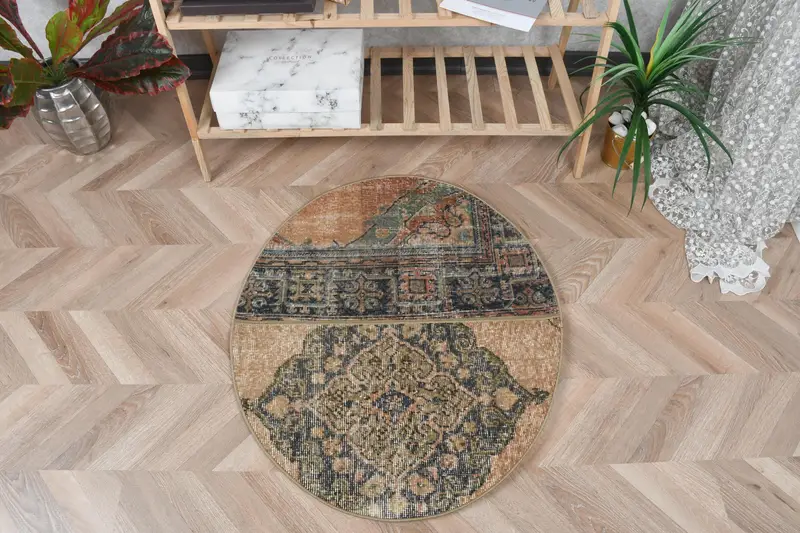 Alfombra azul del suroeste, 2,5 x 2,9 pies con detalles en naranja