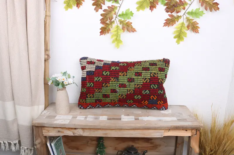 Pillow Cover, Vintage Pillow, Vintage Throw Pillow Cover, Nomadic Cushion, Turkish Kilim Pillow, Throw Kilim Pillow, 12x20 Green Cushion - 1