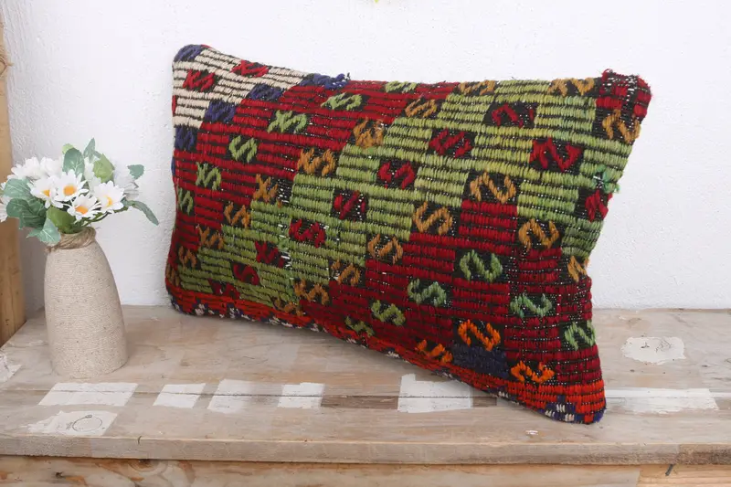 Pillow Cover, Vintage Pillow, Vintage Throw Pillow Cover, Nomadic Cushion, Turkish Kilim Pillow, Throw Kilim Pillow, 12x20 Green Cushion - 4